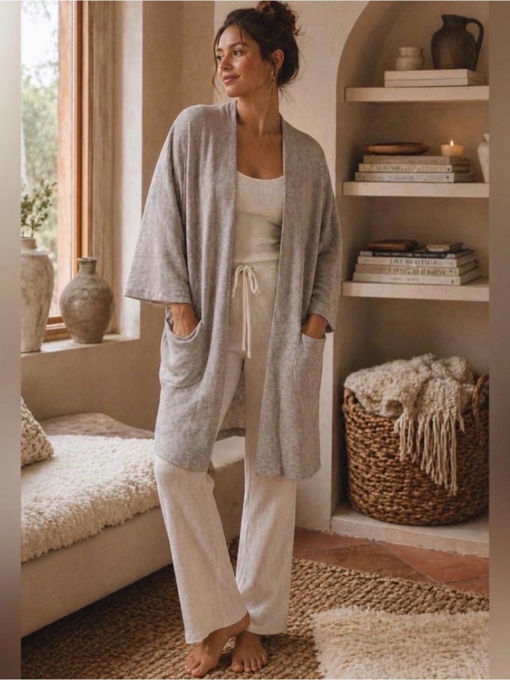 DONNI. Sandwash Ribbed Cardigan Gray Open Front Pockets OSFA